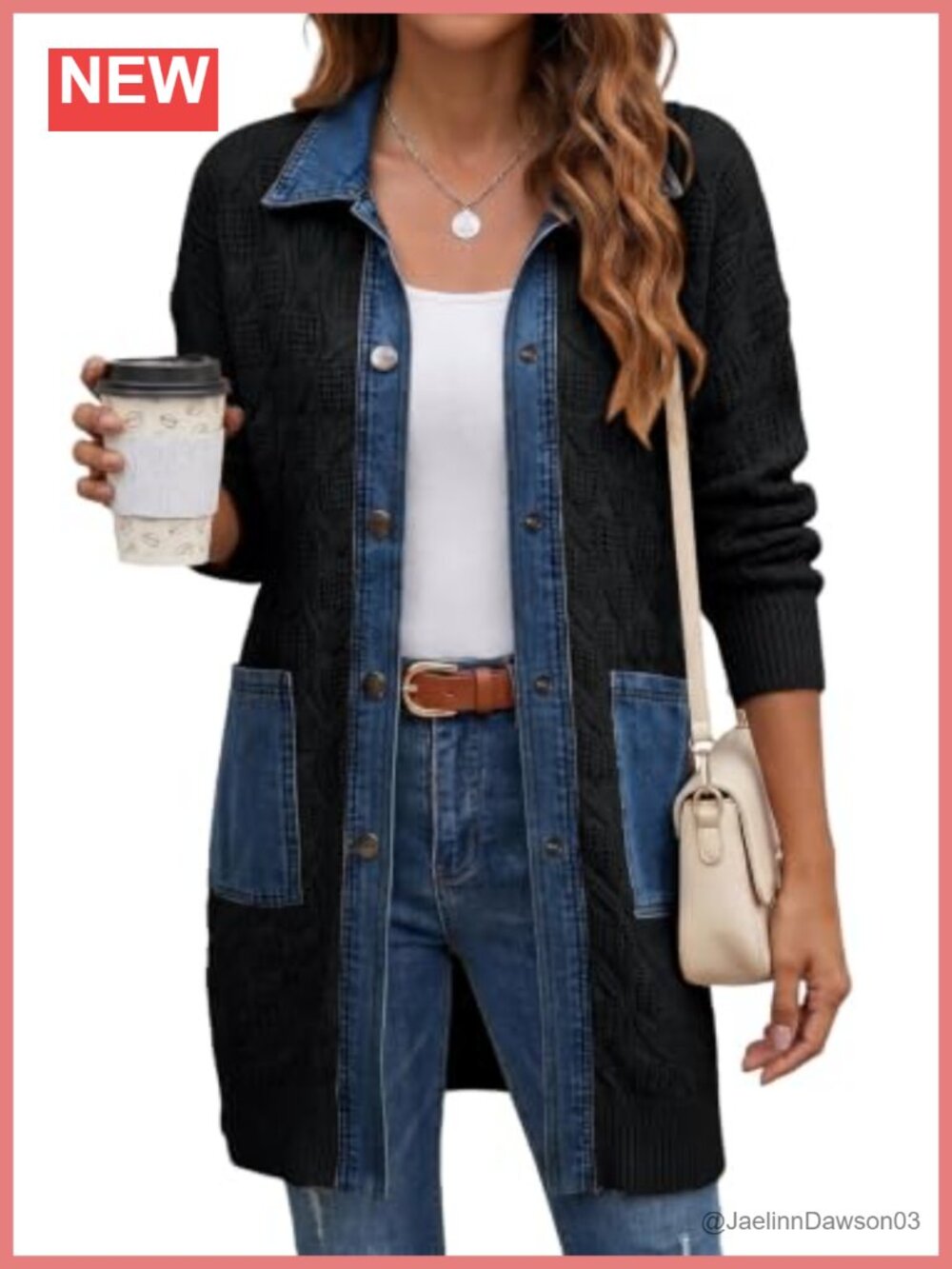 Women's Denim Patchwork Button Down Cable Knit Cardigan